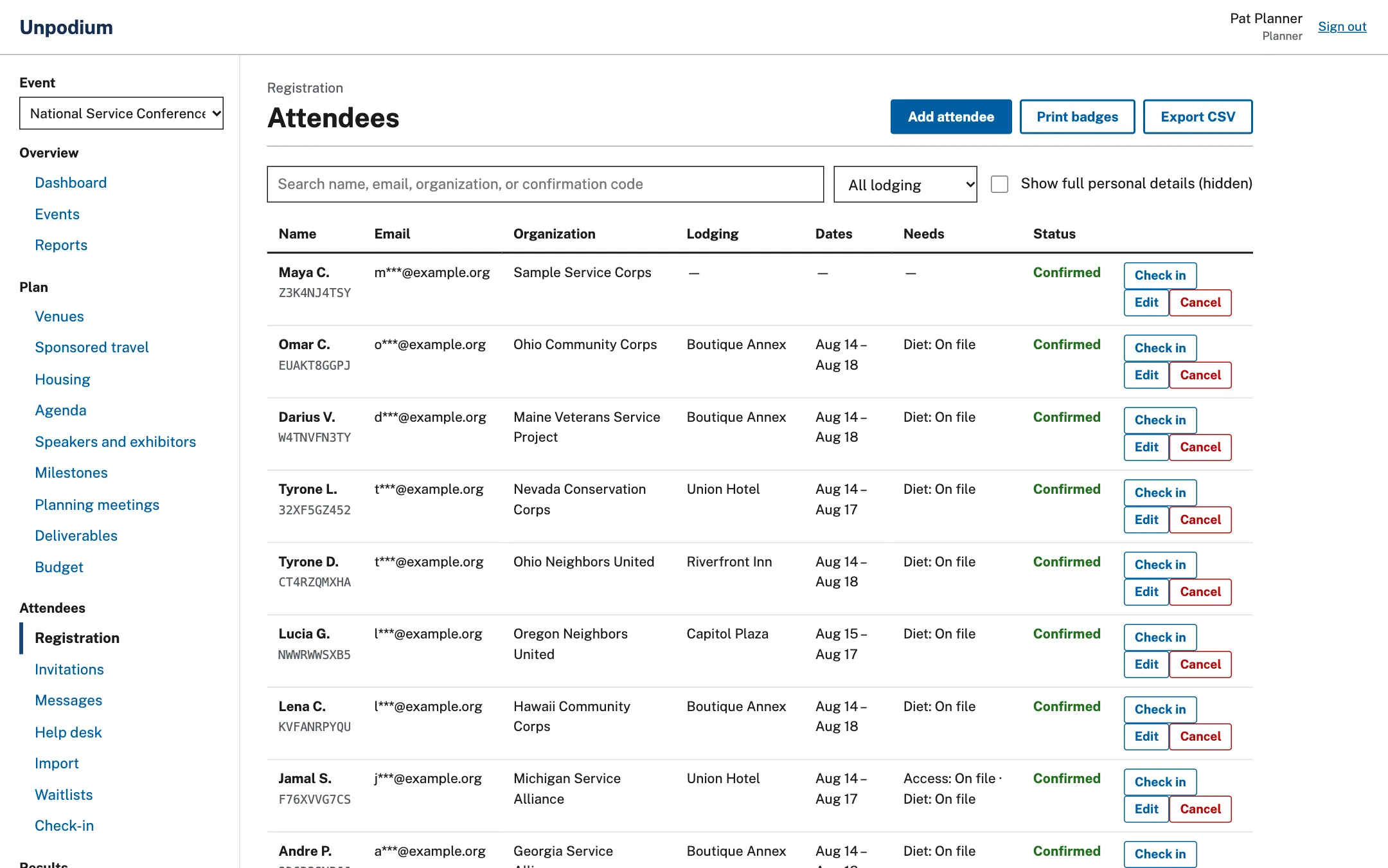 The planner's attendee list with names and emails masked.