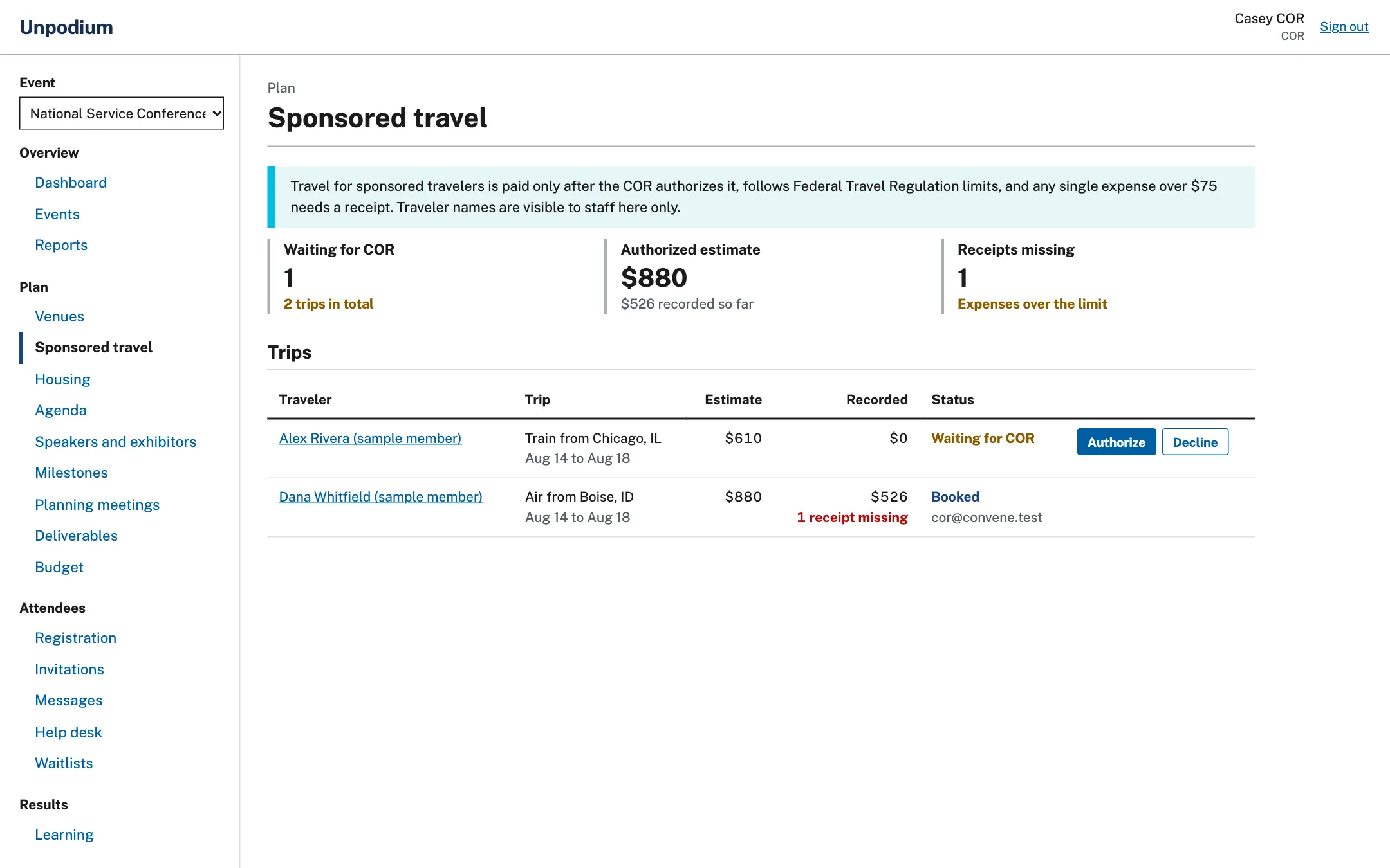 The sponsored travel page showing trips, estimates and authorization status.