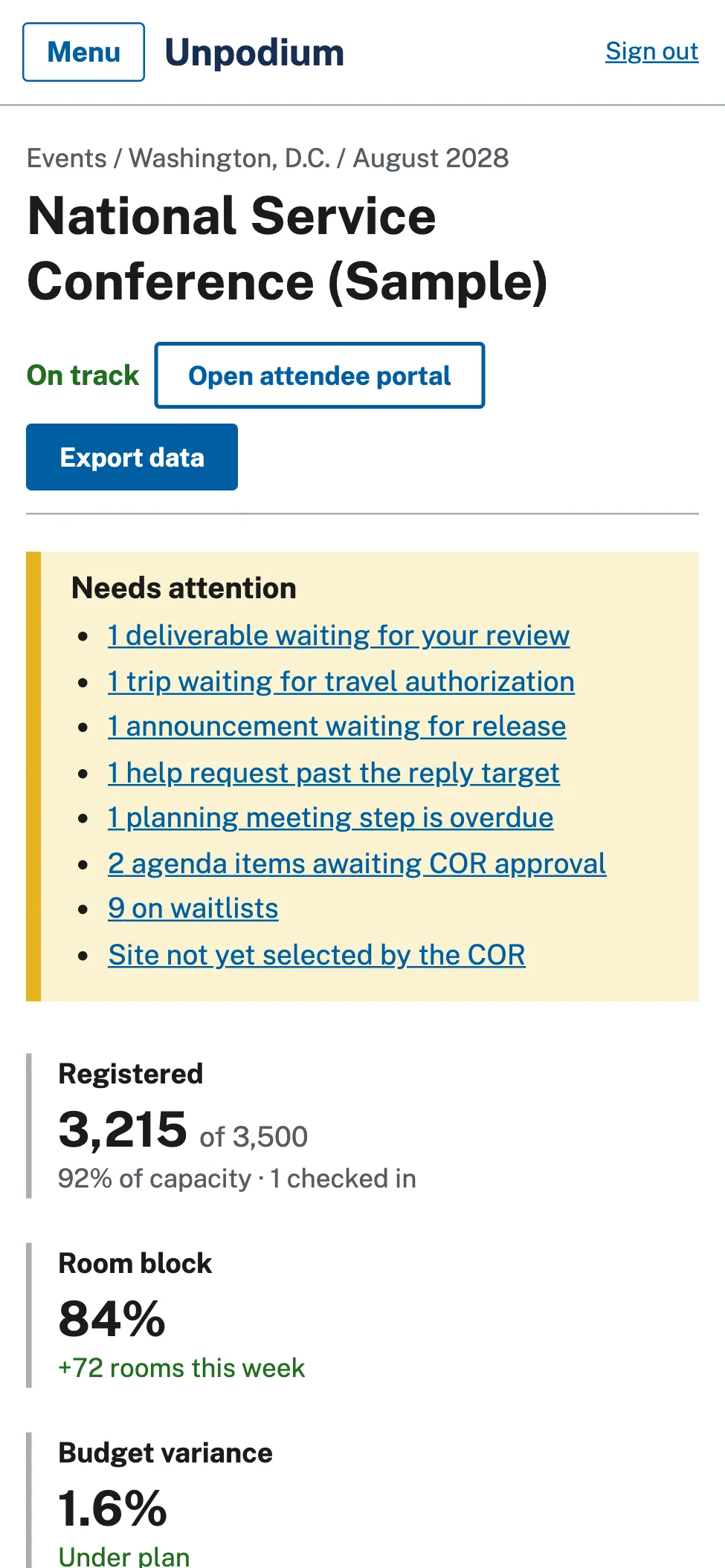 The COR dashboard on a phone.