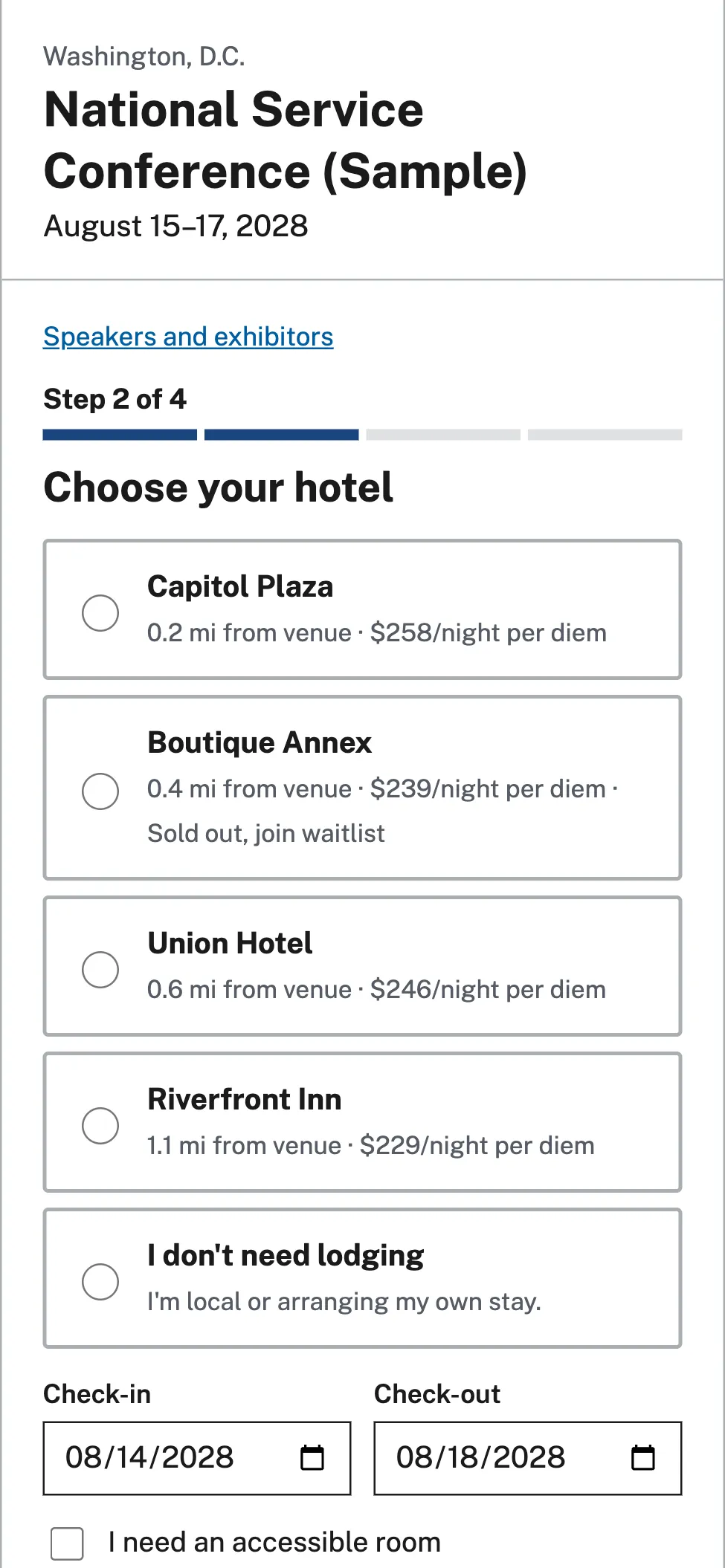 A phone showing the hotel choice step of registration.